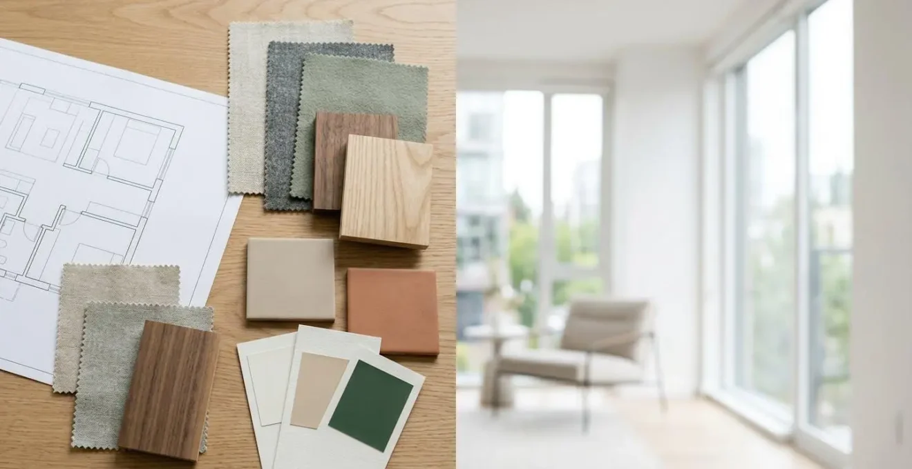 Consultation de plans architecturaux d'un appartement neuf avec des échantillons de matériaux et un budget d'aménagement