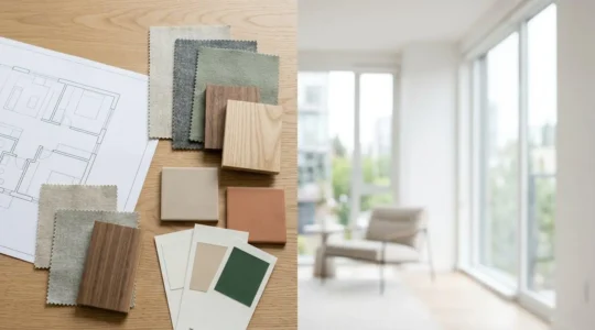 Consultation de plans architecturaux d'un appartement neuf avec des échantillons de matériaux et un budget d'aménagement