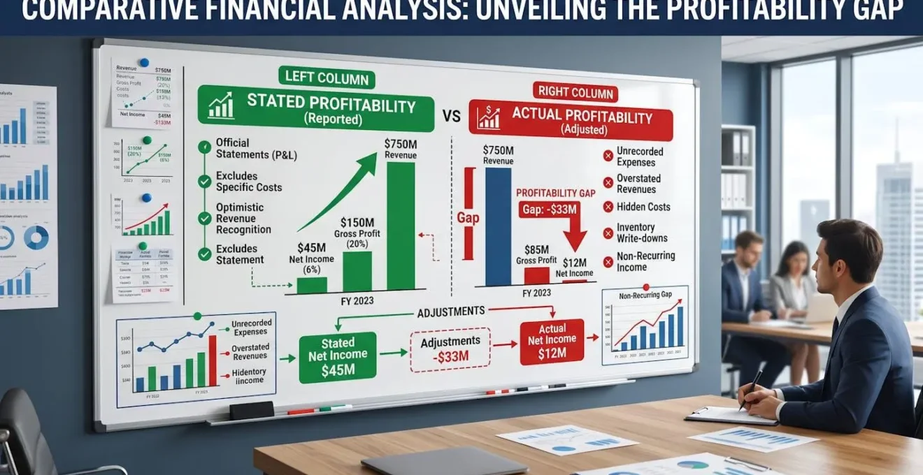 Vue d'ensemble d'une analyse financière comparative montrant l'écart entre rentabilité affichée et rentabilité réelle