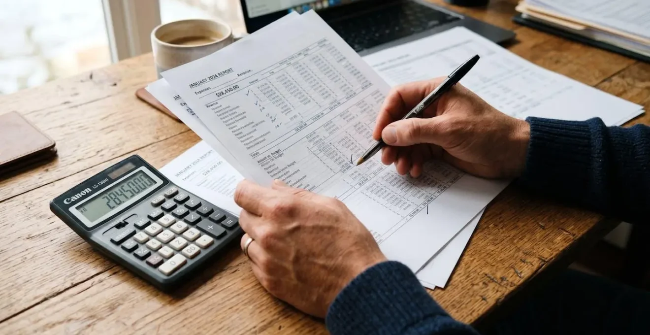 Gros plan sur des mains examinant des documents financiers avec une calculatrice sur un bureau en bois naturel