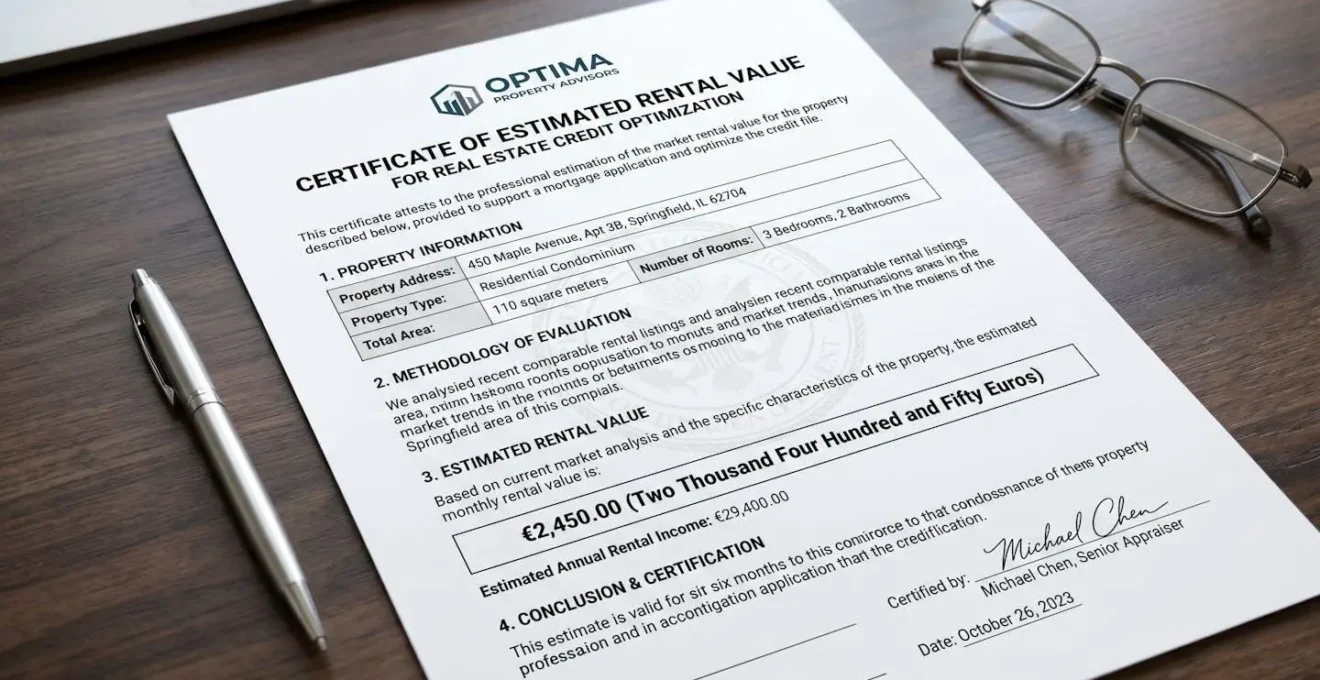 Document professionnel d'attestation de valeur locative pour optimiser un dossier de crédit immobilier