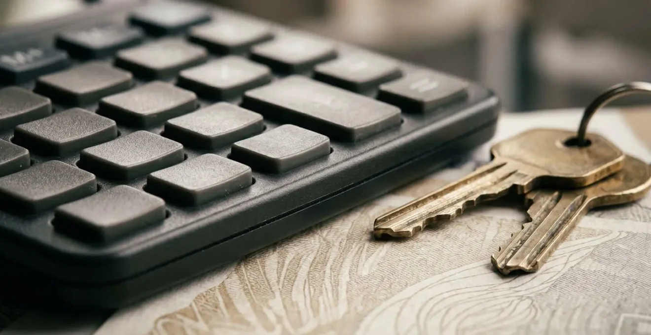 Gros plan sur une calculatrice et documents financiers pour calculer les frais de mainlevée hypothécaire
