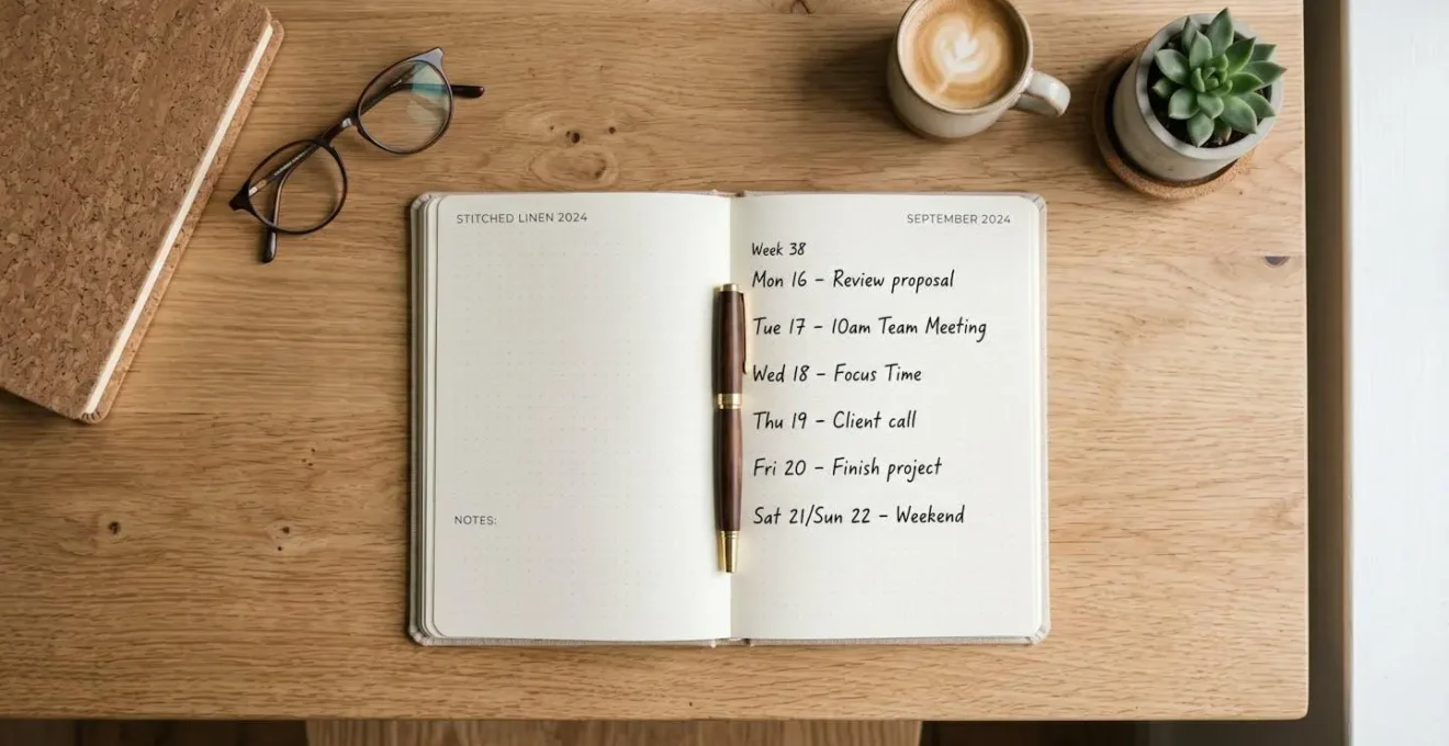 Vue en plongée d'un espace de travail minimaliste avec agenda ouvert et stylo, ambiance naturelle