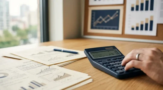 Analyse précise d'un dossier financier pour l'achat immobilier avec documents et calculatrice