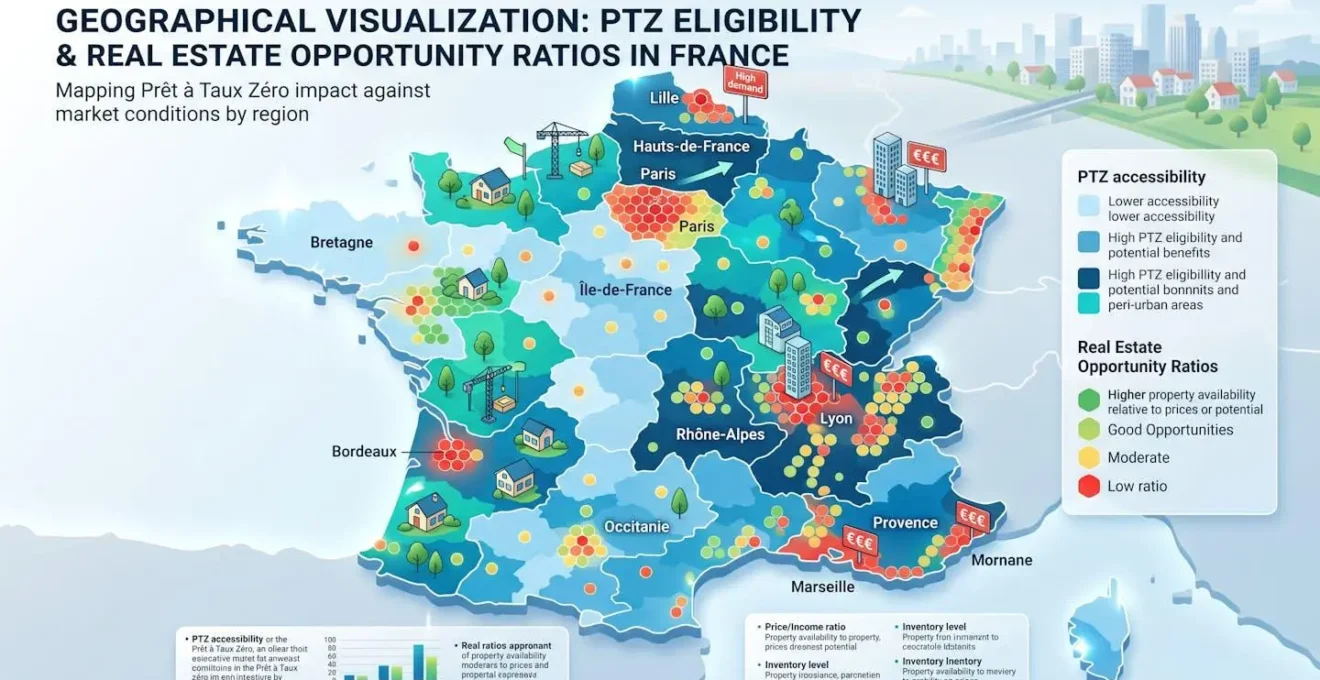 Représentation visuelle des zones géographiques PTZ et ratios d'opportunité immobilière en France