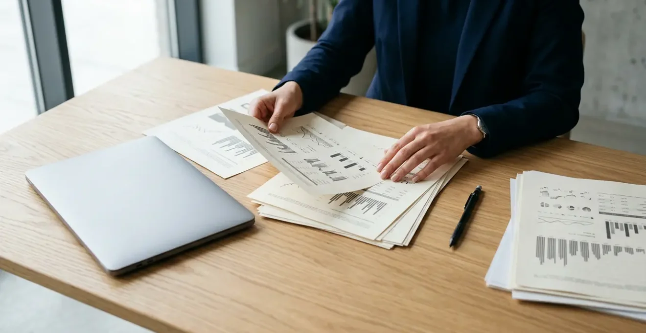 Professionnel analysant des documents de crédit immobilier avec des graphiques de taux d'intérêt sur un bureau épuré