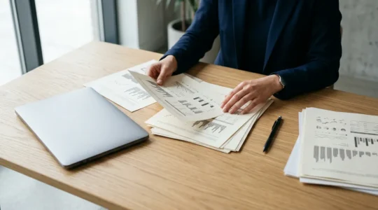 Professionnel analysant des documents de crédit immobilier avec des graphiques de taux d'intérêt sur un bureau épuré