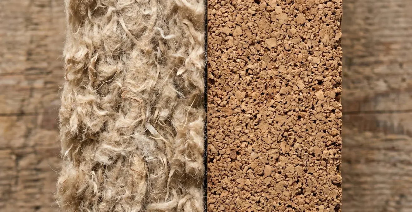 Gros plan textural comparant les matériaux d'isolation naturels pour plancher en bois