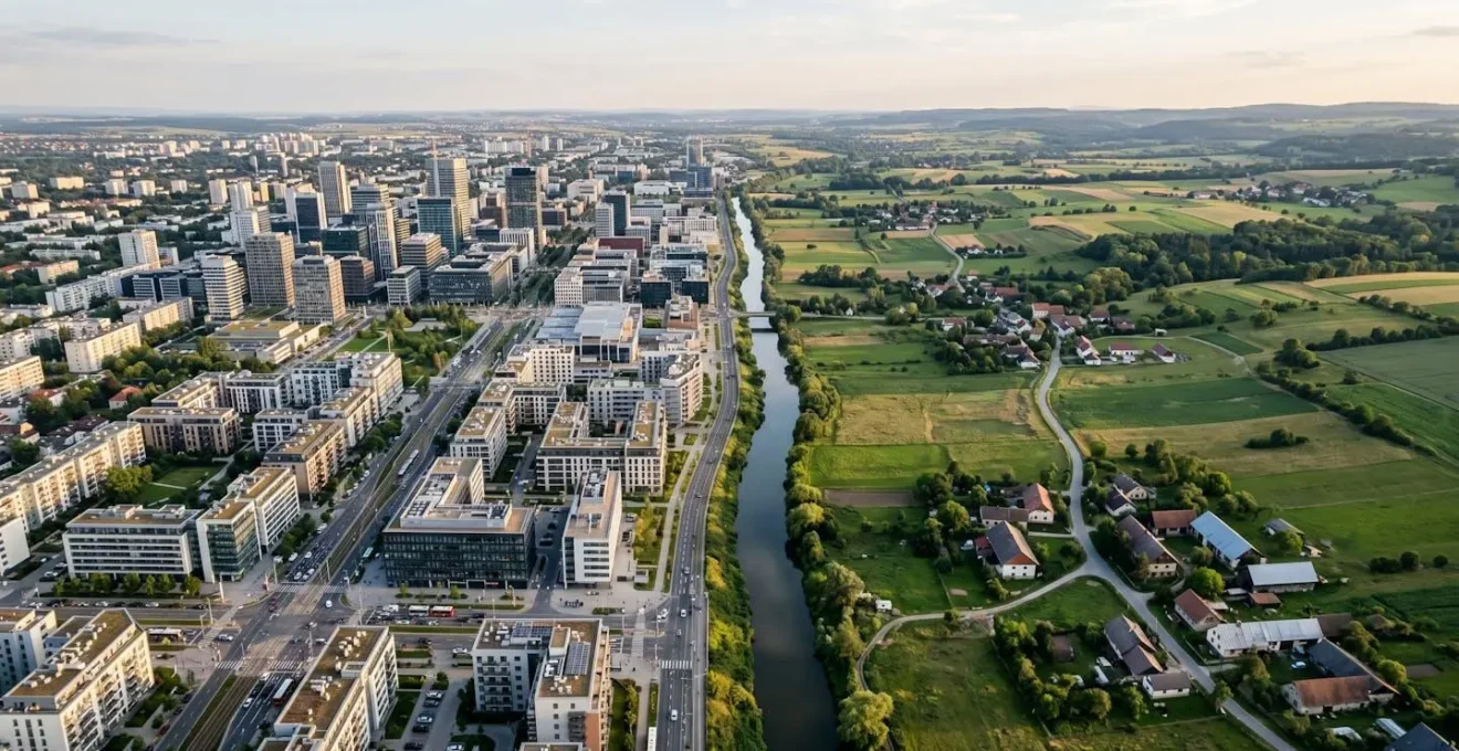 Vue aérienne contrastant un quartier métropolitain dynamique et une zone rurale paisible