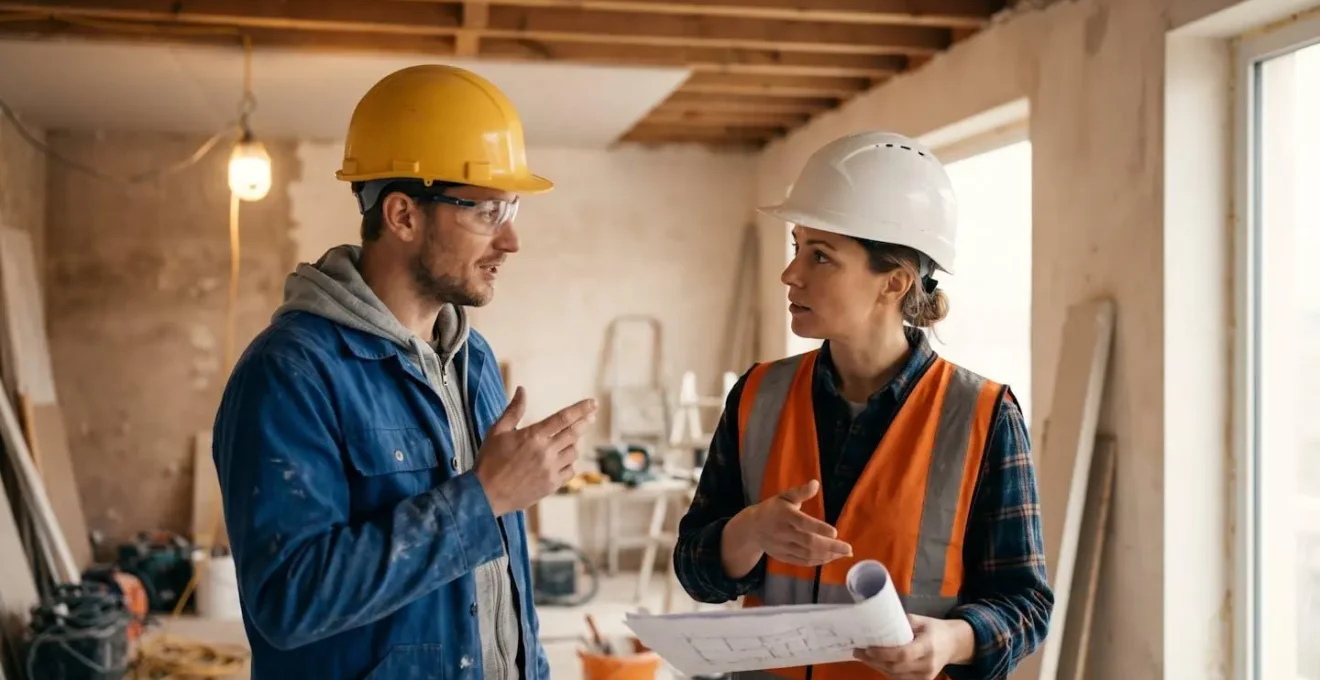 Scène de chantier montrant plusieurs artisans coordonnant leurs interventions dans un espace de rénovation protégé