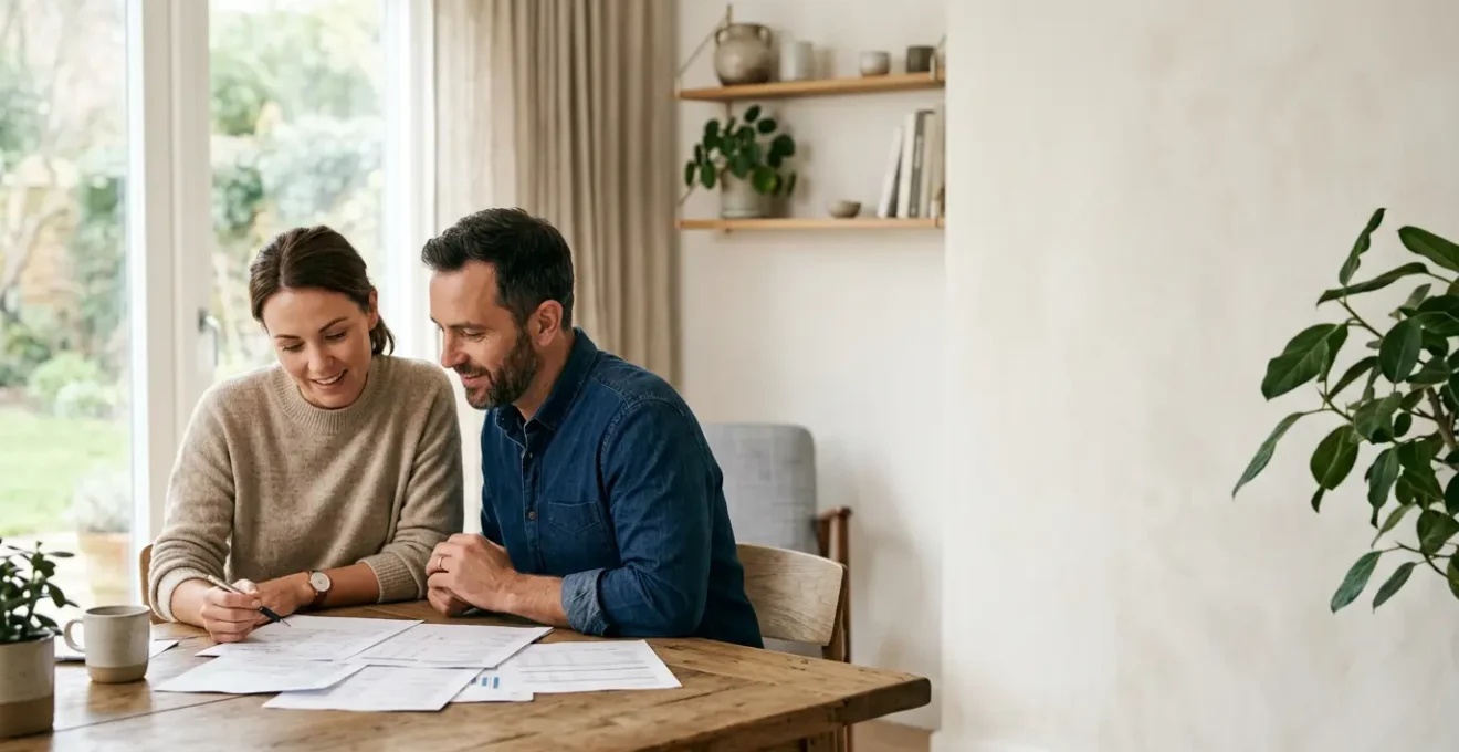 Couple consultant un dossier d'assurance de crédit immobilier dans un environnement rassurant