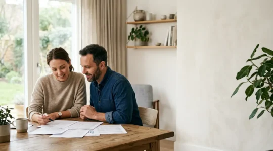 Couple consultant un dossier d'assurance de crédit immobilier dans un environnement rassurant