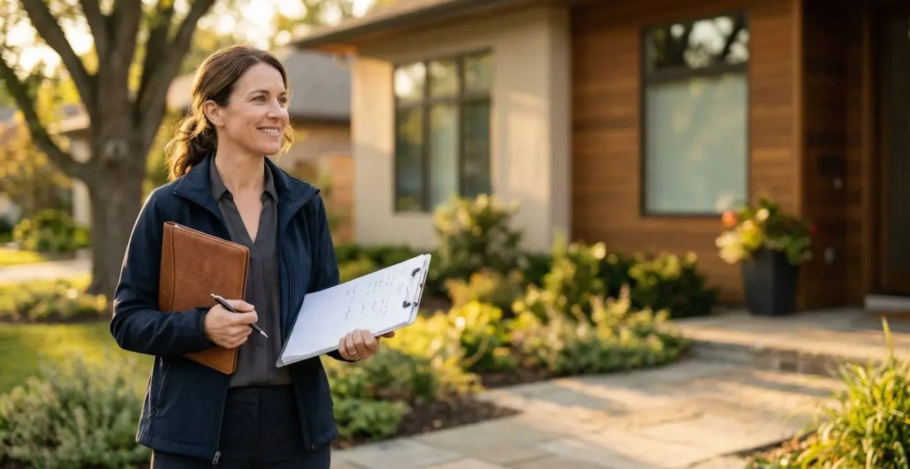 Expert diagnostiqueur examinant des documents techniques devant une maison moderne, symbolisant la rigueur et la transparence des diagnostics obligatoires