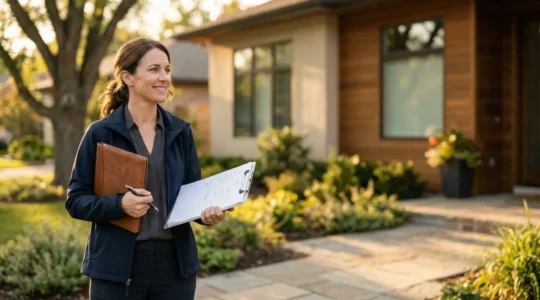 Expert diagnostiqueur examinant des documents techniques devant une maison moderne, symbolisant la rigueur et la transparence des diagnostics obligatoires