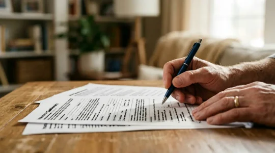 Personne face à un formulaire d'assurance de prêt immobilier dans un moment de réflexion difficile