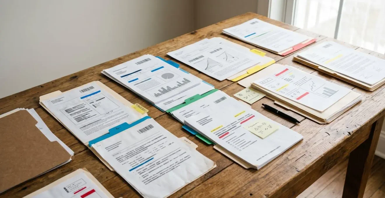 Documents médicaux organisés sur une table évoquant la reconstitution d'un historique de santé