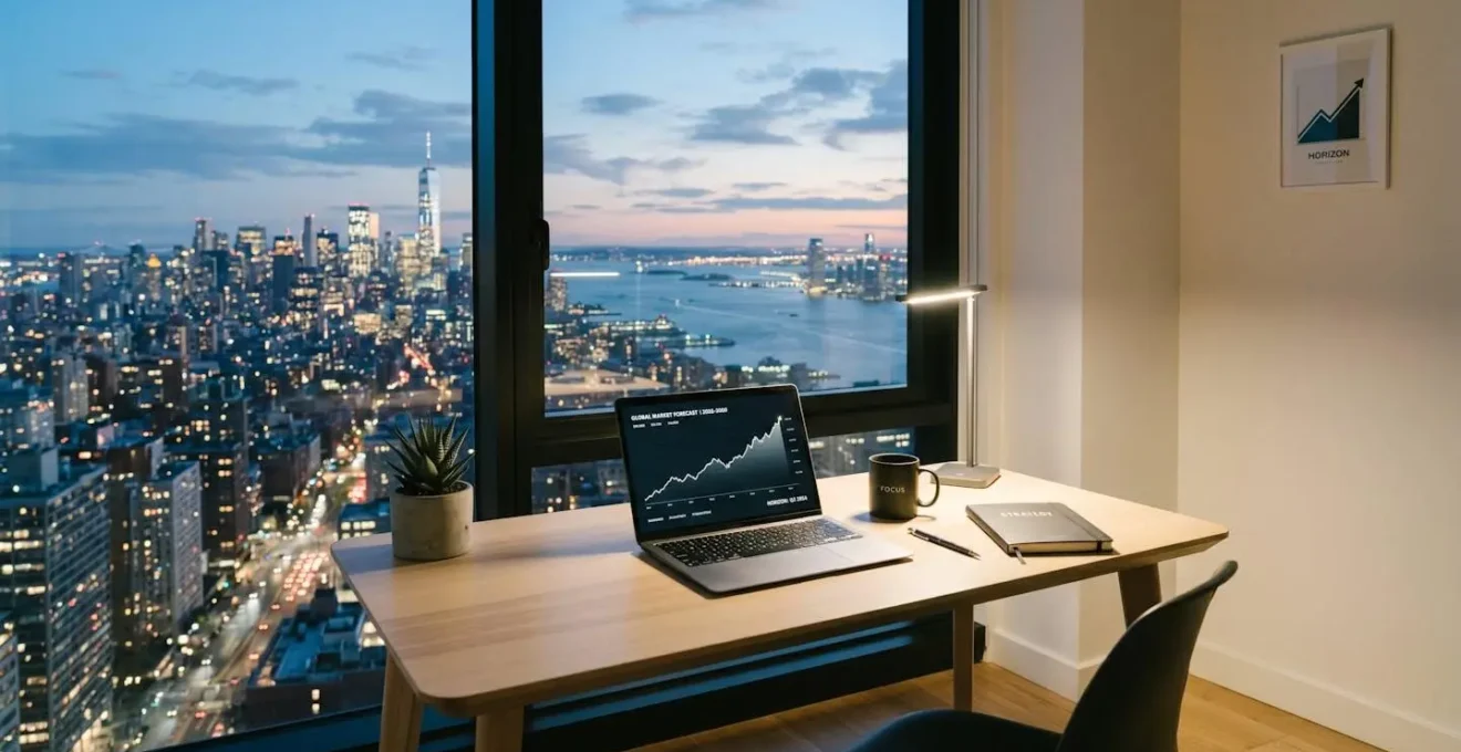 Environnement de travail minimaliste avec perspective sur horizon financier