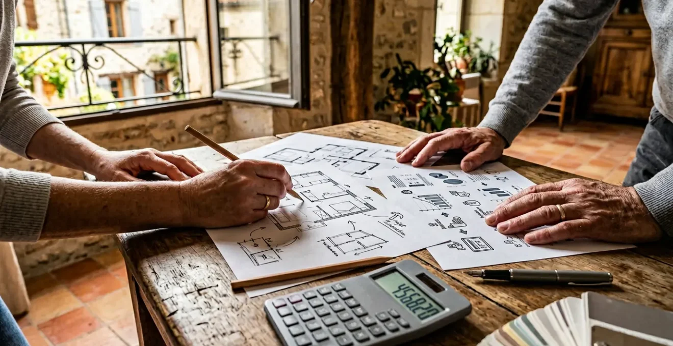 Propriétaire consultant les documents d'aides à la rénovation énergétique avec un plan d'action financier