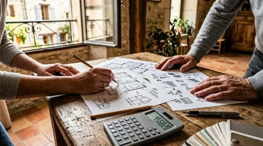 Propriétaire consultant les documents d'aides à la rénovation énergétique avec un plan d'action financier