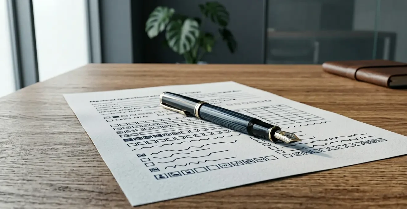 Formulaire médical d'assurance emprunteur avec stylo posé sur un bureau, évoquant une décision cruciale