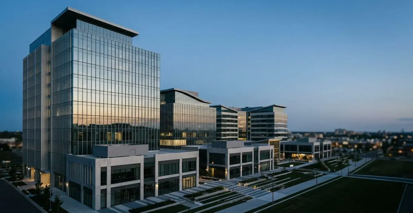 Vue d'ensemble d'un portefeuille immobilier tertiaire moderne avec bâtiments de bureaux et espaces commerciaux illustrant la gestion d'actifs professionnelle