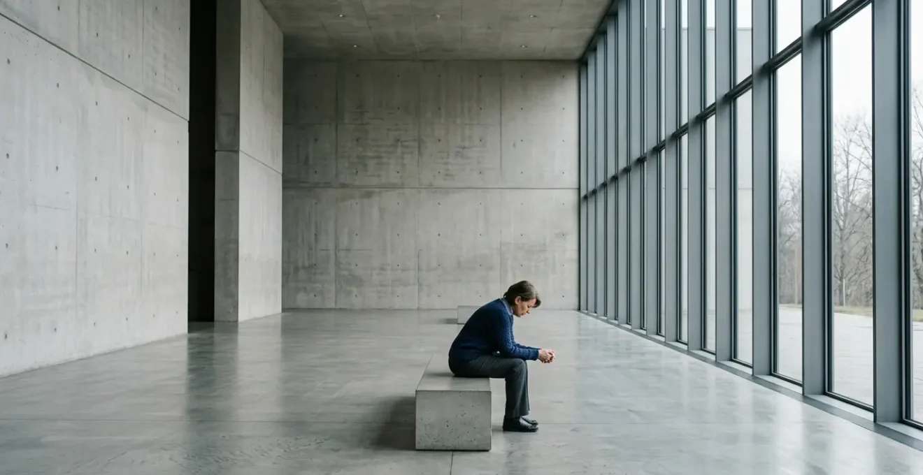 Une personne assise seule dans un espace architectural épuré, contemplant l'avenir avec incertitude face à l'invalidité et au crédit immobilier