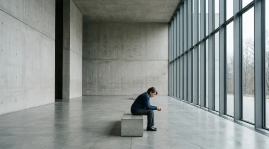 Une personne assise seule dans un espace architectural épuré, contemplant l'avenir avec incertitude face à l'invalidité et au crédit immobilier