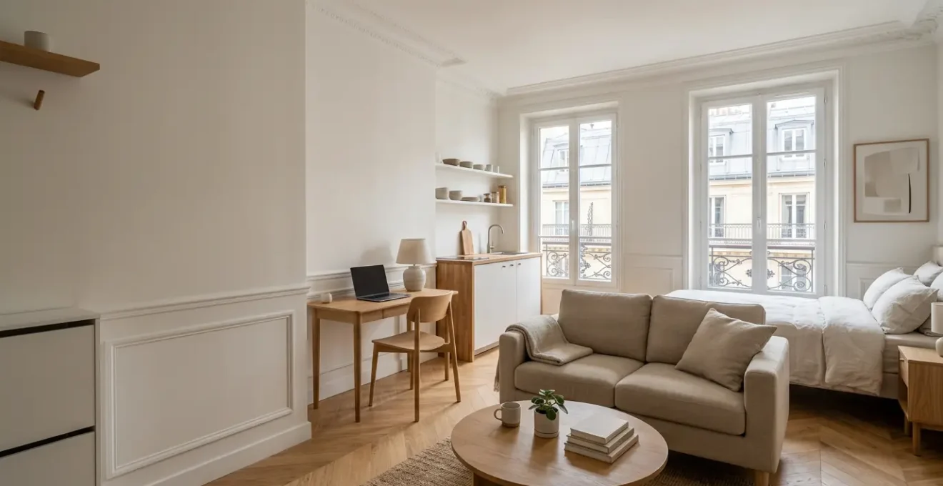 Vision d'ensemble d'un petit appartement moderne en France avec touches architecturales subtiles françaises