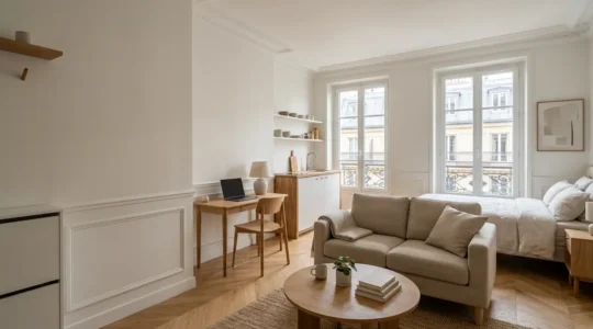 Vision d'ensemble d'un petit appartement moderne en France avec touches architecturales subtiles françaises
