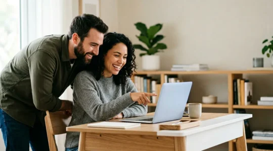 Jeune couple découvrant les économies possibles sur leur assurance emprunteur