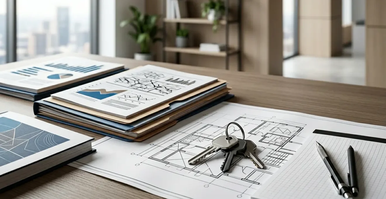 Dossier de financement bancaire pour opération immobilière de marchand de biens avec documents et clés sur bureau professionnel