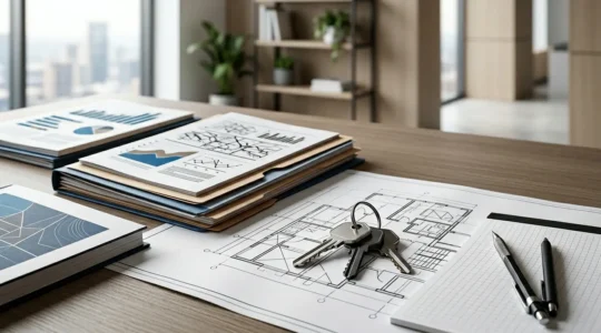 Dossier de financement bancaire pour opération immobilière de marchand de biens avec documents et clés sur bureau professionnel