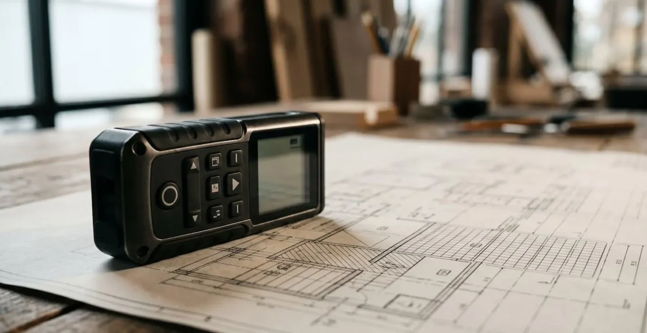 Gros plan sur un télémètre laser professionnel posé sur un plan architectural, symbolisant la précision du métrage loi Carrez