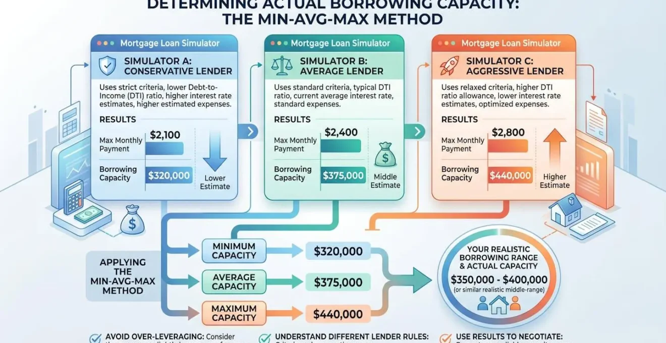 Représentation visuelle de la méthode Min-Moy-Max pour déterminer sa capacité d'emprunt réelle en croisant trois simulateurs de crédit immobilier