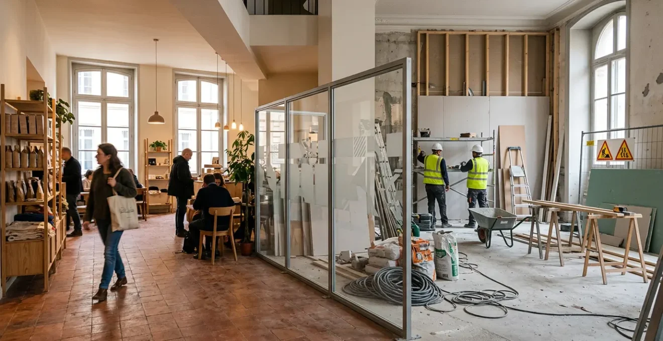 Établissement recevant du public français en cours de mise aux normes avec zone de travaux sécurisée