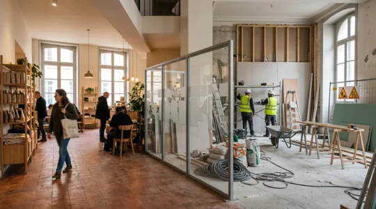 Établissement recevant du public français en cours de mise aux normes avec zone de travaux sécurisée
