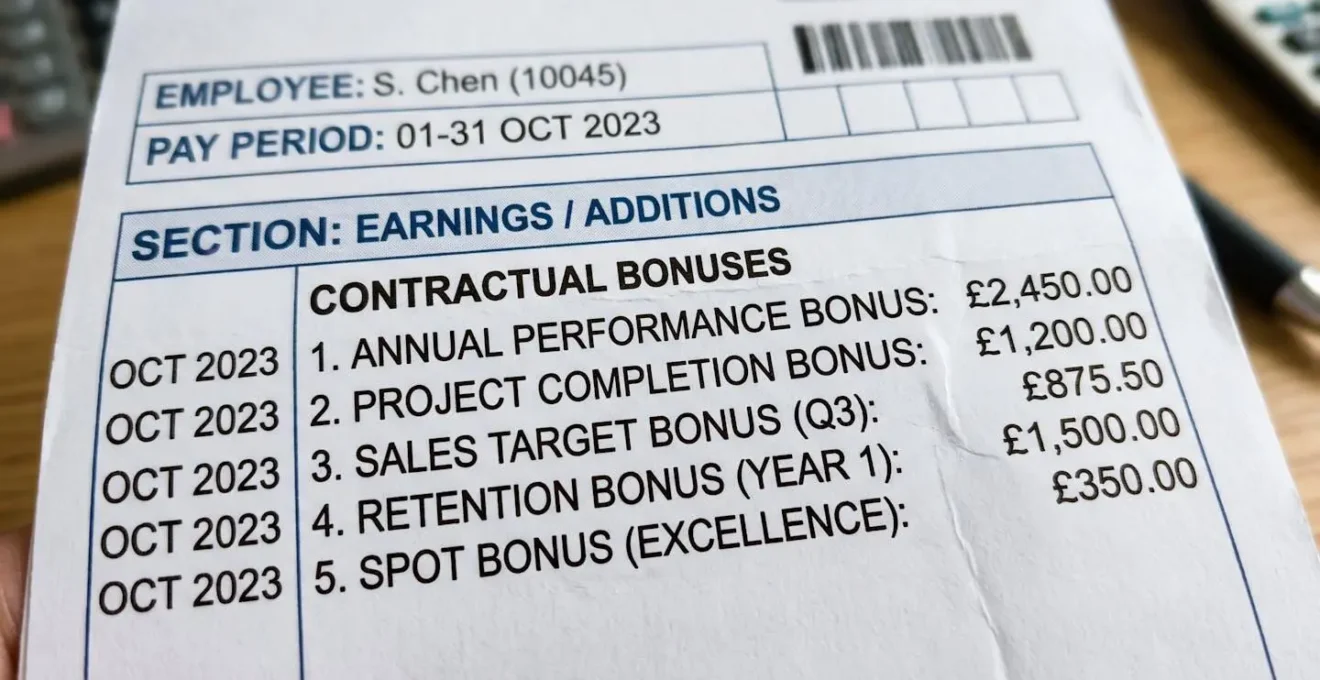 Détail macro d'un bulletin de salaire montrant les lignes de primes contractuelles