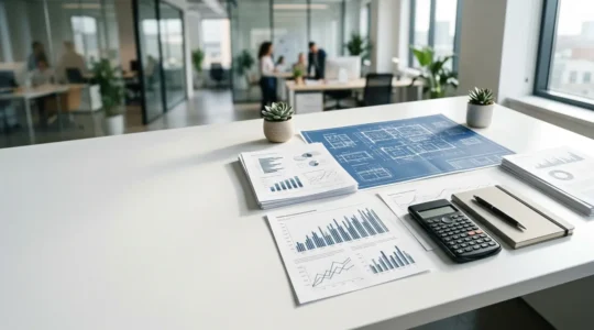 Consultation approfondie d'un dossier de prêt immobilier avec documents financiers détaillés sur un bureau