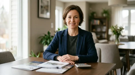 Vendeur confiant défendant son prix lors d'une négociation immobilière stratégique