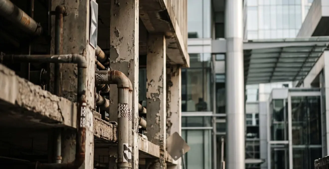 Détail architectural d'un immeuble de bureaux vieillissant symbolisant l'obsolescence réglementaire et la décote de valeur