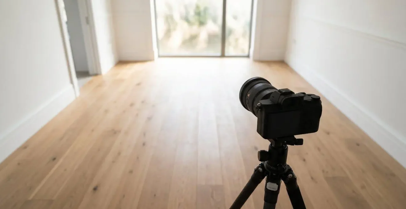 Mise en scène d'une prise de vue immobilière professionnelle avec équipement photographique