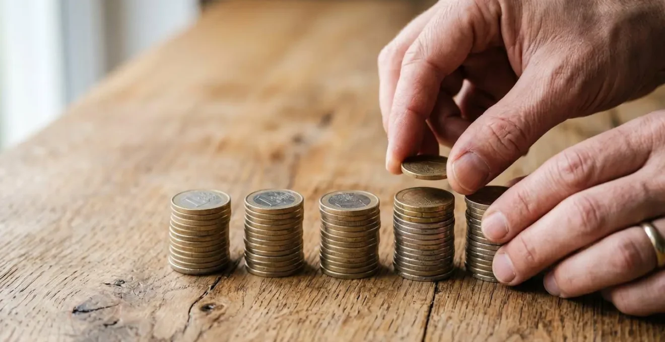 Mains d'un investisseur organisant des pièces de monnaie en piles égales pour symboliser la mensualisation