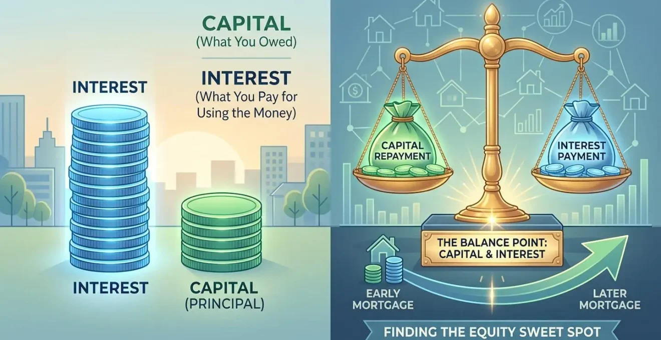 Representation visuelle du point d'equilibre entre capital et interets dans un pret immobilier