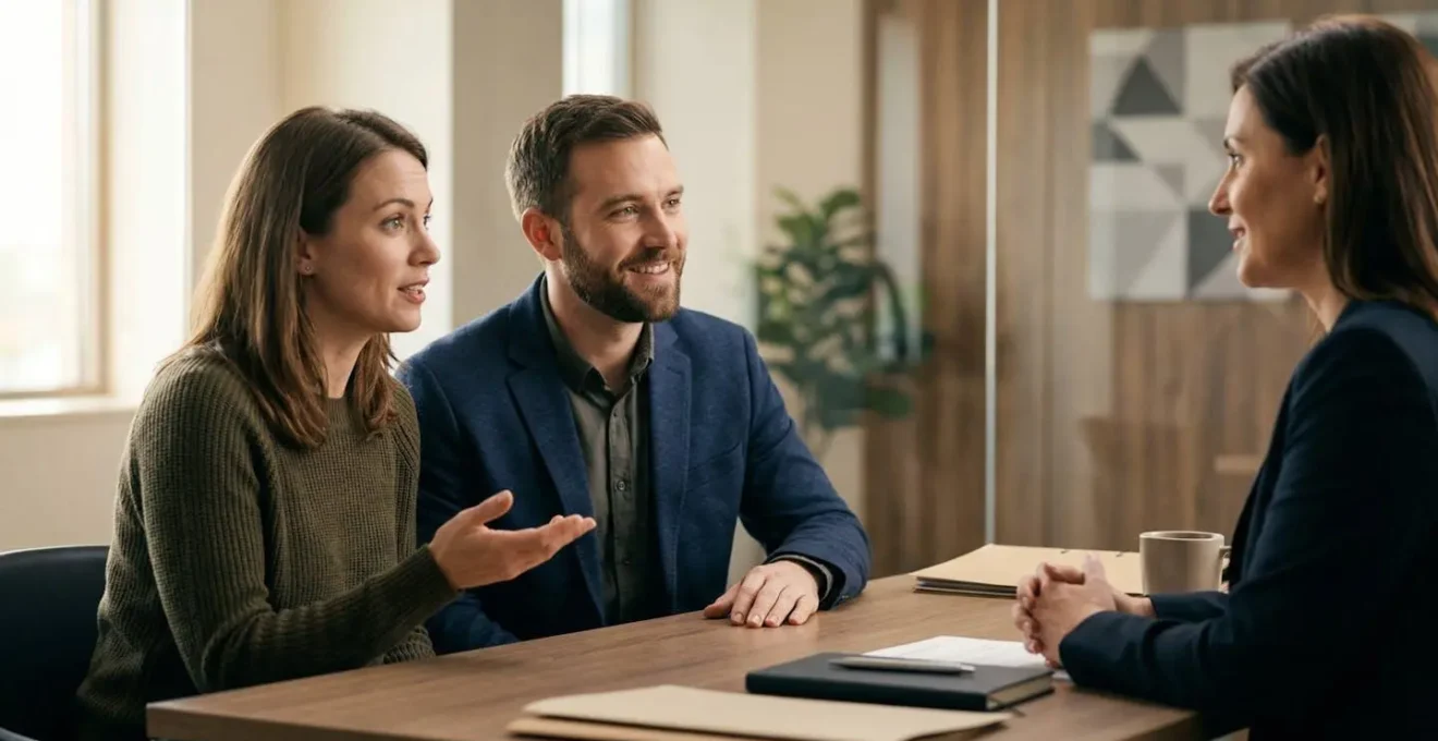 Jeune couple présentant un dossier de financement immobilier à un conseiller bancaire