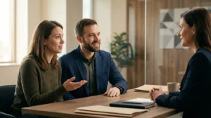 Jeune couple présentant un dossier de financement immobilier à un conseiller bancaire