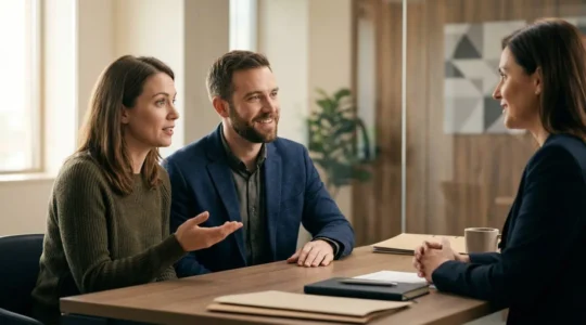 Jeune couple présentant un dossier de financement immobilier à un conseiller bancaire