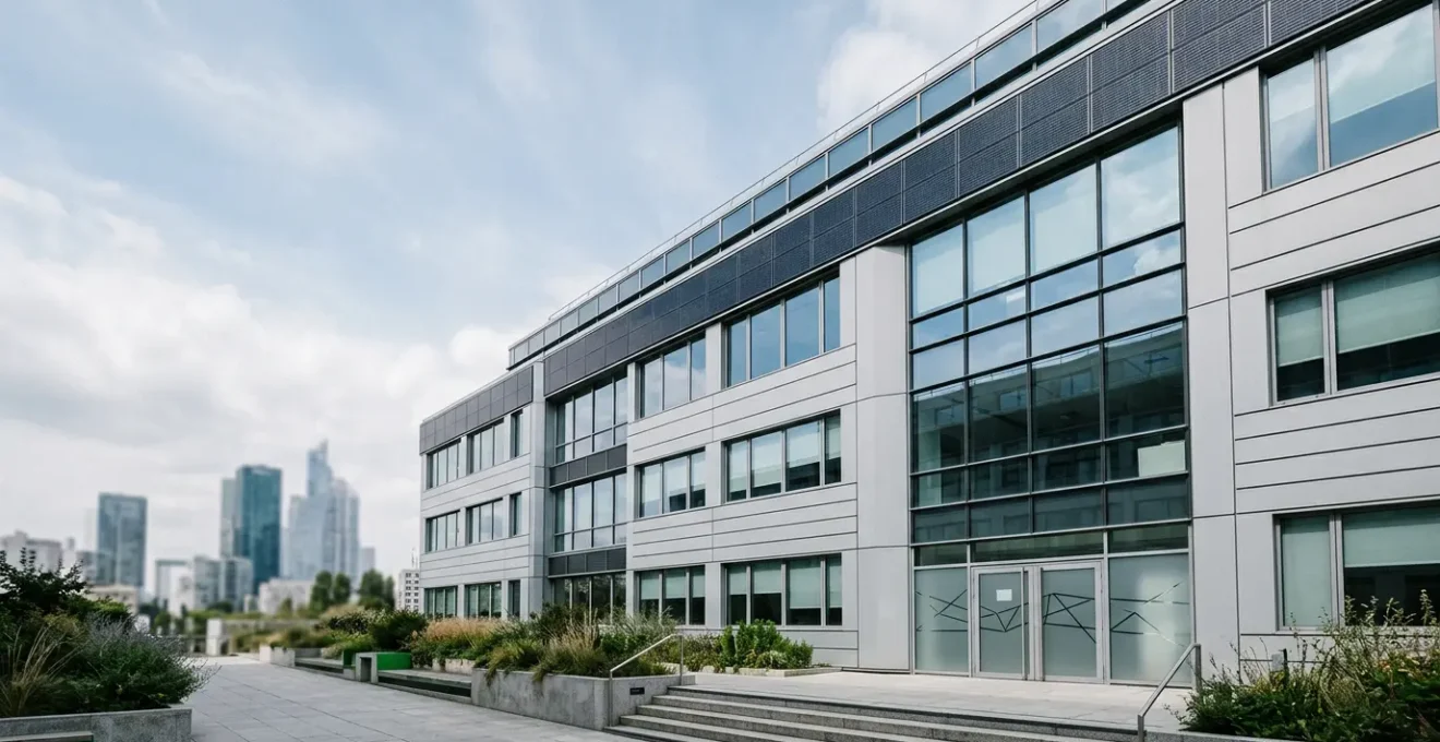 Façade vitrée moderne d'un immeuble de bureaux avec éléments de rénovation énergétique, symbolisant la transition écologique du parc tertiaire