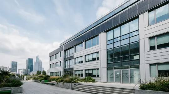 Façade vitrée moderne d'un immeuble de bureaux avec éléments de rénovation énergétique, symbolisant la transition écologique du parc tertiaire