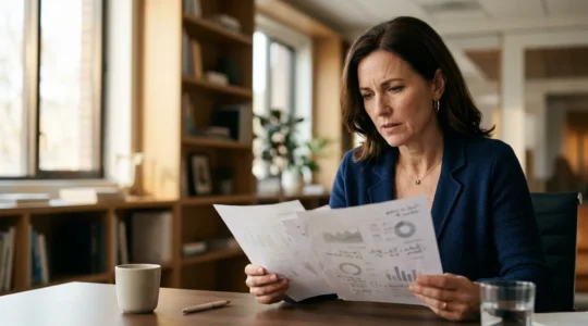 Professionnel indépendant consultant des documents de protection financière dans un bureau lumineux