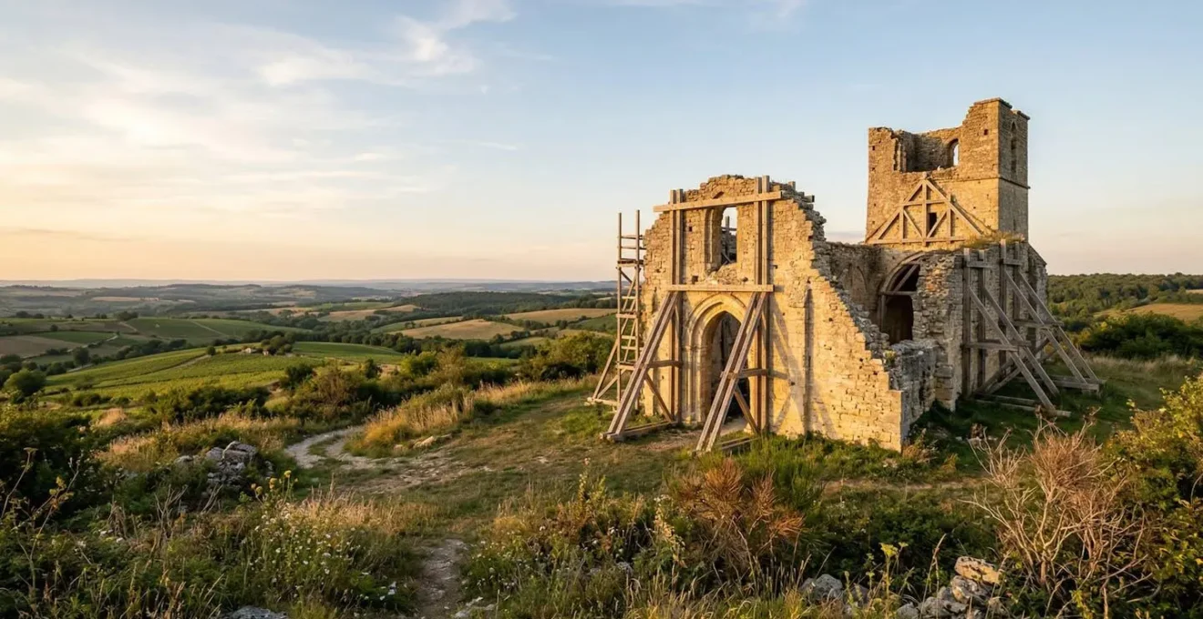 Vue architecturale d'une ruine française en pierre en cours de réhabilitation avec échafaudages et charpente apparente